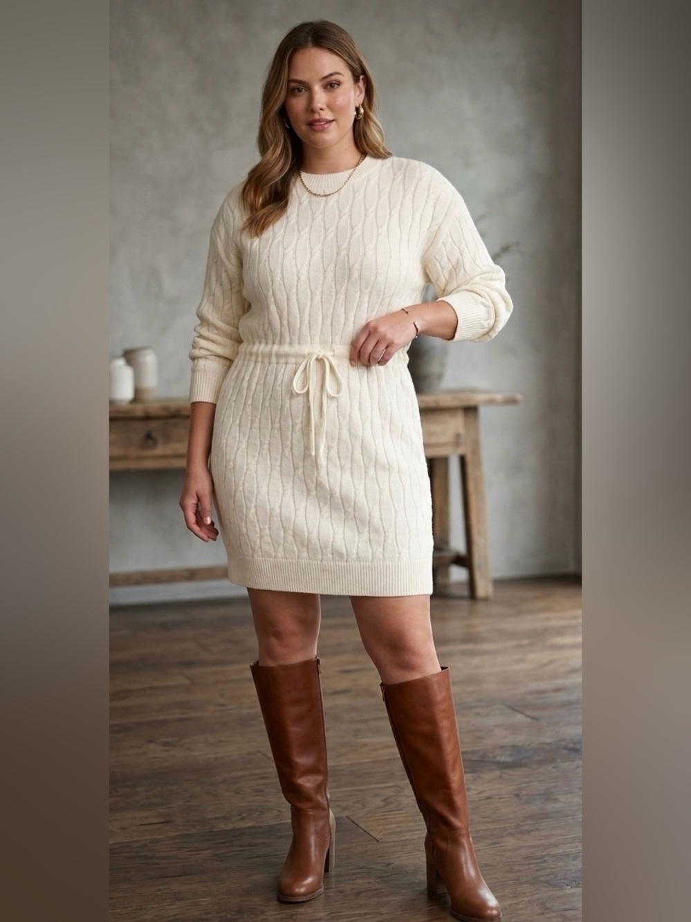 NWOT Hausen L Cream Cable-Knit Draw String Waist Sweater Dress